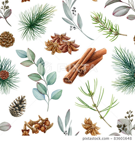 Natural spice elements seamless pattern. Hand drawn watercolor illustration. Cinnamon, eucalyptus, pine, clove aroma organic elements. Aromatherapy winter spice seamless pattern. White background 83601648