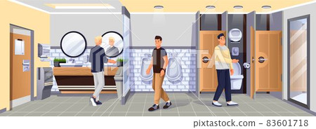 People in public toilet. Restroom for men vector illustration. WC room with sinks, mirrors, urinals, toilets with doors, hand dryer, paper towels. Modern indoor interior background People in public toilet. Restroom for men vector illustration. WC room with sinks, mirrors, urinals, toilets with doors, hand dryer, paper towels. Modern indoor interior background 83601718