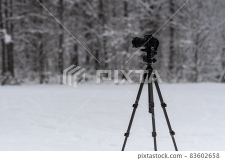 Camera on a tripod Outdoor shooting in winter Camera on a tripod Outdoor shooting in winter 83602658