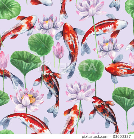 Bright seamless pattern with lotus and koi fish watercolor elements. Background in Japanese oriental style. Bright seamless pattern with lotus and koi fish watercolor elements. Background in Japanese oriental style. 83603327