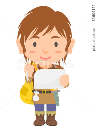 Adventurer game character carrying a bag and looking at a map Adventurer game character carrying a bag and looking at a map 83604151