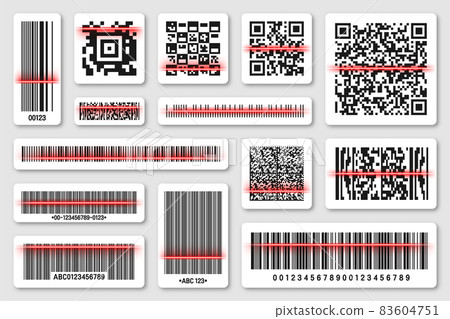 Product barcodes and QR codes with red scanning line. Identification tracking code. Serial number Product barcodes and QR codes with red scanning line. Identification tracking code. Serial number 83604751