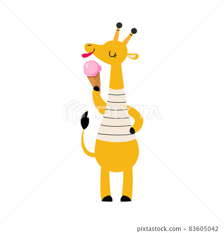 Cute African Giraffe Animal in Striped Vest Eating Ice Cream in Waffle Cone Enjoying Hot Summer Activity Vector Illustration Cute African Giraffe Animal in Striped Vest Eating Ice Cream in Waffle Cone Enjoying Hot Summer Activity Vector Illustration 83605042