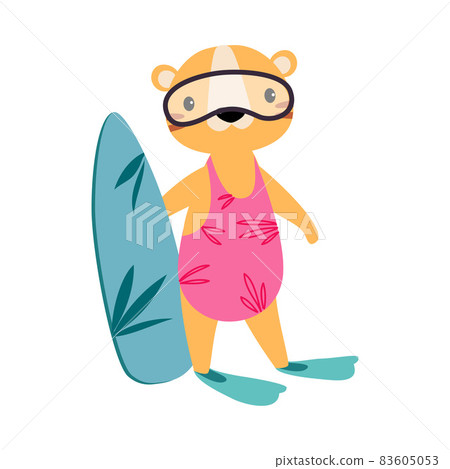 Cute African Tiger Animal in Swimsuit and Flippers Standing with Surfboard Enjoying Hot Summer Activity Vector Illustration 83605053