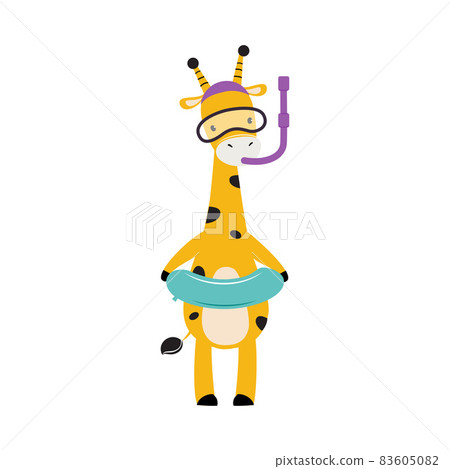 Cute African Giraffe Animal with Rubber Ring and Snorkeling Mask Enjoying Hot Summer Activity Vector Illustration Cute African Giraffe Animal with Rubber Ring and Snorkeling Mask Enjoying Hot Summer Activity Vector Illustration 83605082