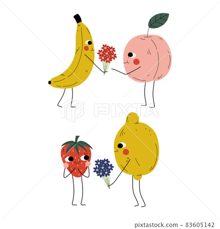 Cute Flushed Fruit Holding Giving Flower Bouquet Vector Set Cute Flushed Fruit Holding Giving Flower Bouquet Vector Set 83605142