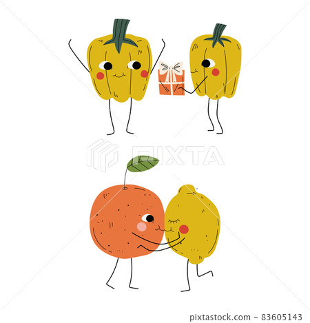 Cute Flushed Fruit and Vegetables Giving Gift Box and Kissing Vector Set Cute Flushed Fruit and Vegetables Giving Gift Box and Kissing Vector Set 83605143