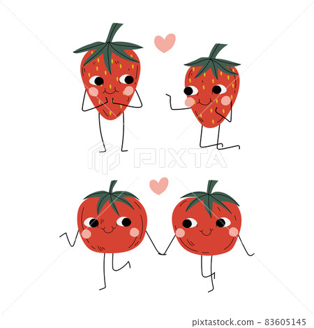 Cute Flushed Fruit and Vegetables Holding Hands and Kneeling Vector Set 83605145
