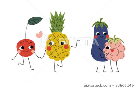 Cute Flushed Fruit and Vegetables Holding Hands and Hugging Vector Set 83605149