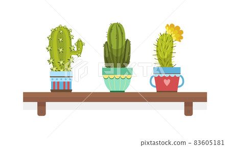 Cactus or Cacti as Plant with Leafless, Spiny Stem Growing in Flowerpot Rested on Wooden Shelf Vector Illustration 83605181