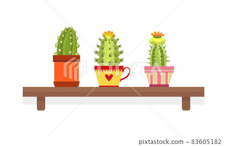 Cactus or Cacti as Plant with Leafless, Spiny Stem Growing in Flowerpot Rested on Wooden Shelf Vector Illustration 83605182
