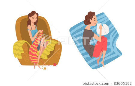 Young Woman Sitting in Armchair and Knitting with Needle and Stroking Cat Pet Vector Set Young Woman Sitting in Armchair and Knitting with Needle and Stroking Cat Pet Vector Set 83605192