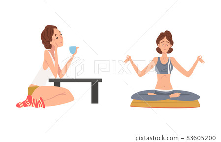 Young Woman with Cup Drinking Tea and Meditating in Yoga Lotus Pose Vector Set Young Woman with Cup Drinking Tea and Meditating in Yoga Lotus Pose Vector Set 83605200