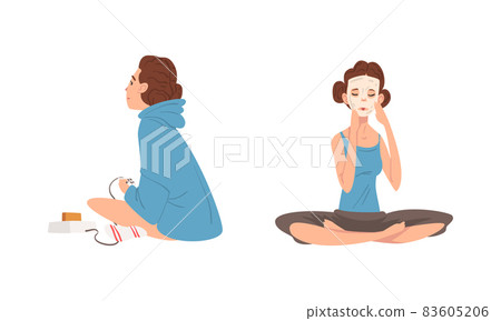 Young Woman with Gamepad Playing Video Game and Applying Cosmetic Face Mask Vector Set Young Woman with Gamepad Playing Video Game and Applying Cosmetic Face Mask Vector Set 83605206