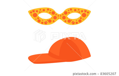 Red Baseball Cap with Bill and Masquerade Mask Vector Set Red Baseball Cap with Bill and Masquerade Mask Vector Set 83605207