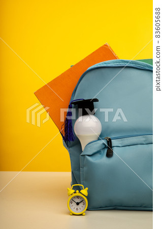 Bright backpack and bulb. Education concept. Vertical image Bright backpack and bulb. Education concept. Vertical image 83605688