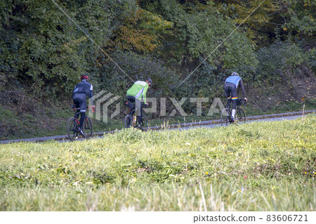 Group athletes cyclists riding a bike uphill along a road Group athletes cyclists riding a bike uphill along a road 83606721
