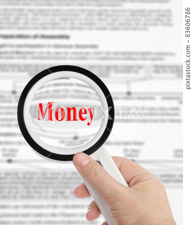 Hand with magnifying glass and Money Hand with magnifying glass and Money 83606786