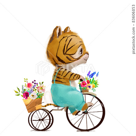 cute little tiger with flowers on bicycle 83606853