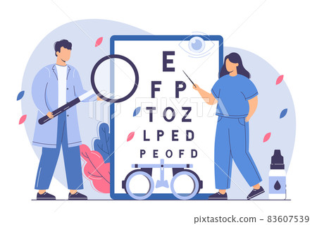 Doctor ophthalmologist check eyesight with eye test chart and eyeglasses 83607539