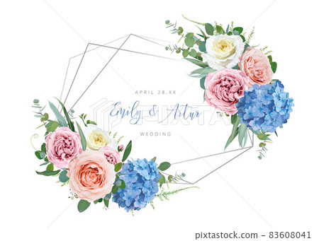 Vector spring geometrical silver frame with floral bouquet decoration. Elegant editable wedding invite, greeting template design. Blue hydrangea, peach, pink, yellow rose flowers, greenery, eucalyptus Vector spring geometrical silver frame with floral bouquet decoration. Elegant editable wedding invite, greeting template design. Blue hydrangea, peach, pink, yellow rose flowers, greenery, eucalyptus 83608041