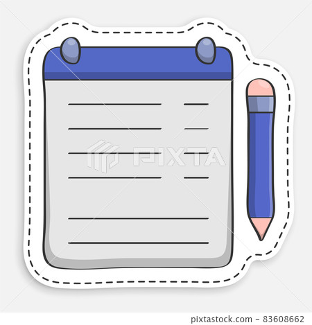 cartoon icon of doodle Tablet with clip for sheet of paper and pen. Tablet for keeping list, list of important things to do. Completing assignments. Vector isolated on white background 83608662