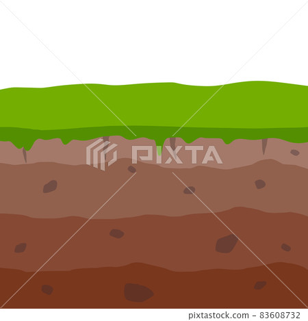 Land in the section. Underground background. Geological layer. Archaeological scenery. Brown ground. Dirt clay and green grass. Vector cartoon Land in the section. Underground background. Geological layer. Archaeological scenery. Brown ground. Dirt clay and green grass. Vector cartoon 83608732