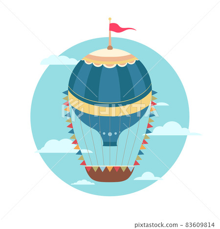 Illustration of vintage hot air balloon with flags in the sky with cloud. Retro air transport with ribbon. Vector flat circle image of cartoon balloons 83609814