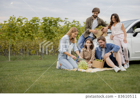 Friends on a picnic near vineyards 83610511