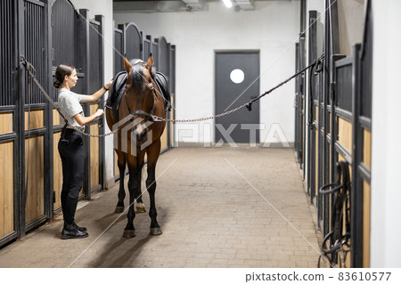 Female horseman puts ammunition on her horse in stable 83610577