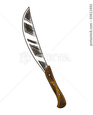 Knife for harvest cane sugar. Harvesting with a primitive sharp tool. handwork. Engraving hand drawn instrument 83611892