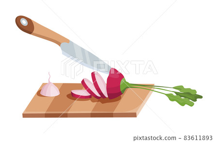 Sliced vegetable. Slicing radish by knife. Cutting on wooden board isolated on white background. Prepare to cooking. Chopped fresh nutrition in cartoon flat style Sliced vegetable. Slicing radish by knife. Cutting on wooden board isolated on white background. Prepare to cooking. Chopped fresh nutrition in cartoon flat style 83611893