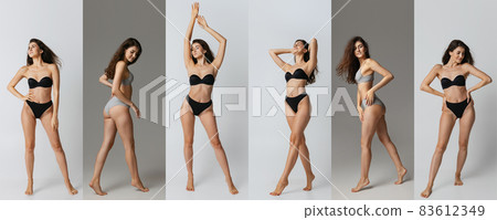 Collage of portraits of young beautiful slim tanned woman in underwear posing isolated over studio background. Natural beauty concept. Collage of portraits of young beautiful slim tanned woman in underwear posing isolated over studio background. Natural beauty concept. 83612349