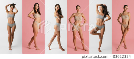 Collage of portraits of young beautiful slim tanned woman in underwear posing isolated over studio background. Natural beauty concept. Collage of portraits of young beautiful slim tanned woman in underwear posing isolated over studio background. Natural beauty concept. 83612354