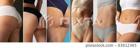Collage made of cropped images of sportive bodies, bellies and bottocks of young women isolated on colored studio background. 83612365