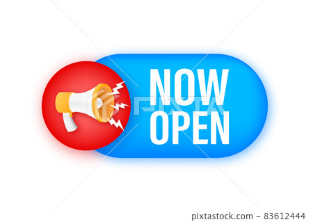 Megaphone with now open. Megaphone banner. Web design. Vector stock illustration Megaphone with now open. Megaphone banner. Web design. Vector stock illustration 83612444