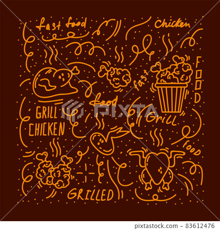 Chicken food pattern. Fried chicken, grilled, wings, breast, legs painted doodle. Homemade organic poultry meat line for background. 83612476