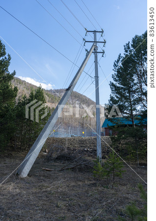 Power lines along the road and forests. Power lines along the road and forests. 83613450