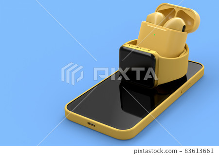 Mockup of smart watches and wireless bluetooth headphones lying on smartphone. Mockup of smart watches and wireless bluetooth headphones lying on smartphone. 83613661