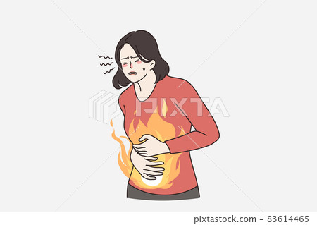 Unhealthy woman suffer from acute abdominal pain  83614465