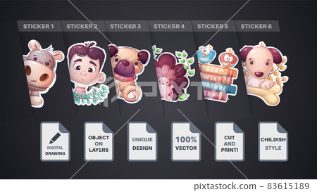 Set sticker - dog, puppy, tiger, car, sheep, lamb, cow, money, coin, bird, elephant, school 83615189