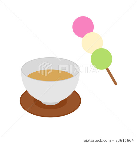 Illustration of simple and flat roasted green tea and dumplings Illustration of simple and flat roasted green tea and dumplings 83615664
