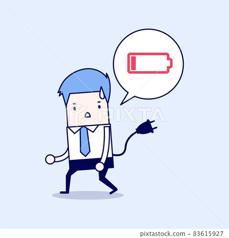 Businessman feeling tired and low power battery. Cartoon character thin line style vector. Businessman feeling tired and low power battery. Cartoon character thin line style vector. 83615927