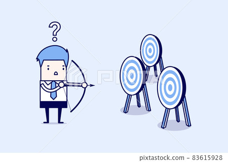 Businessman holding bow and arrow confused by multiple bulls eye target. Cartoon character thin line style vector. Businessman holding bow and arrow confused by multiple bulls eye target. Cartoon character thin line style vector. 83615928