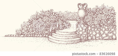 Vector park landscape. Stairs surrounded by blooming flowerbeds Vector park landscape. Stairs surrounded by blooming flowerbeds 83616098