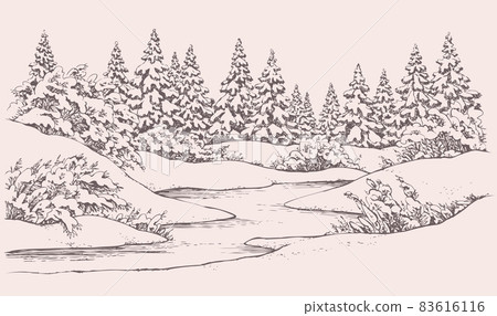 Vector winter landscape. Forest firs near frozen river 83616116