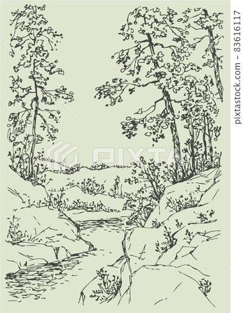 Vector landscape. Mountain stream in the forest Vector landscape. Mountain stream in the forest 83616117