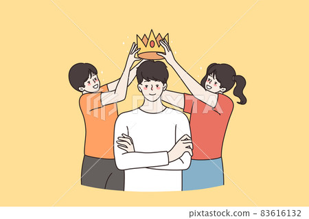 Happy kids put crown on loving father head Happy kids put crown on loving father head 83616132