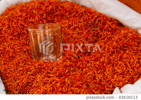 Shafran spice on the bazaar in an Arab country. A healthy addition to food, dried seasoning. 83616513