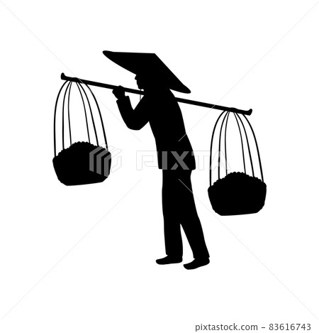 Silhouette Asian farmer carrying baskets. Silhouette Asian farmer carrying baskets. 83616743